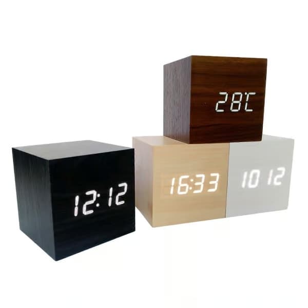 LED Digital Väckarklocka Träimitation Bordsklocka Nattlampa Termometer Snooze Väckarklocka DE FP Black