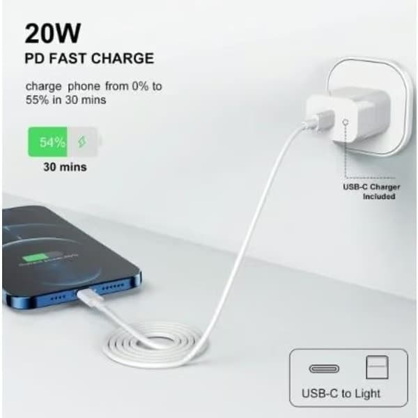 iPhone hurtiglader USB-C strømadapter 20W + 2m kabel hvit - 1 stk. lader og 1 stk. 2m ladekabel 1st Laddare & 1st 2m laddkabel