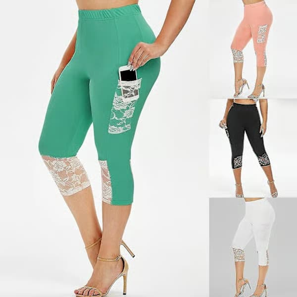 Capribyxor för kvinnor, smala, spetsstickade leggings, elastiska yogabyxor Green L