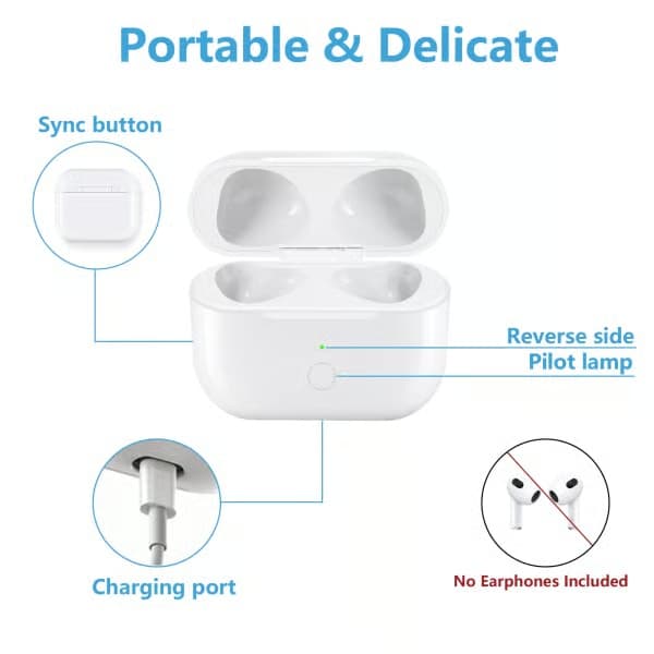 Trådlöst laddningsfodral kompatibelt med AirPods 3:e generationen med snabbladdning och Bluetooth-synkroniseringsknapp (Vit)