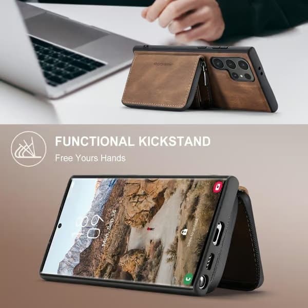 (För Samsung Galaxy S24) Mobilskal med stativ och kortplats, stötsäker slimmad design kaffefärgad kaffefärgad
