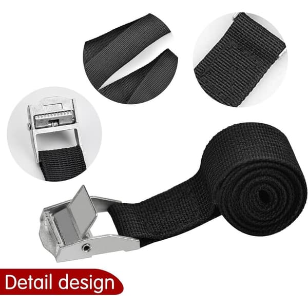 Set med 4 svarta spännband, 100 x 2,5 cm, med spänne.