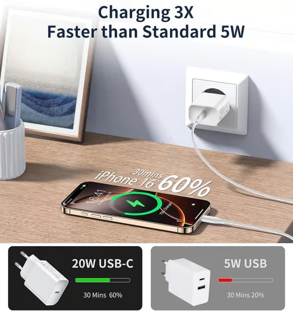 3-pack Apple 20W USB-C-strömadapter speciellt utformad för iPhone USB-C-kontakt med iPhone 16/15/14/13/12 Plus Pro Max Mini