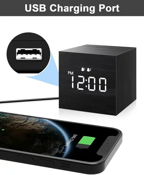 SCSYV Digital Väckarklocka, med LED-trädisplay, Dubbla Larm, 2,5 tums Kubisk Liten Mini Träklocka för Sovrum, Nattduksbord Black