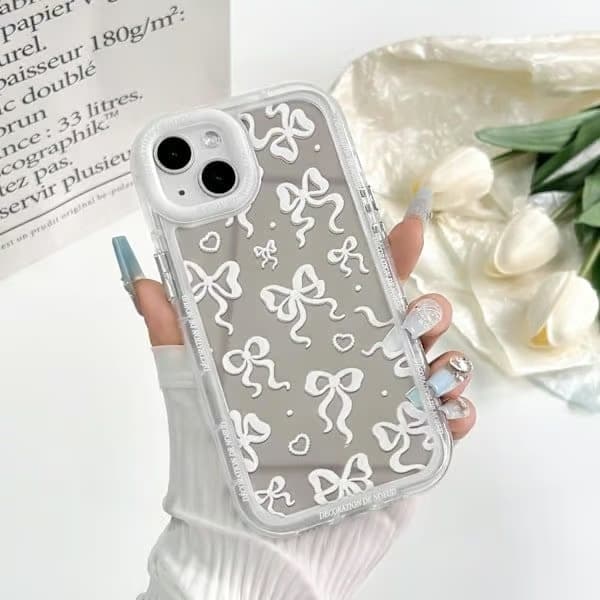 iPhone 15 Plus-deksel - Søtt speil med sløyfe og hjertemønster, bånddesign, støtsikker beskyttelse for kvinner og jenter iPhone 15 Plus iPhone 15 Plus