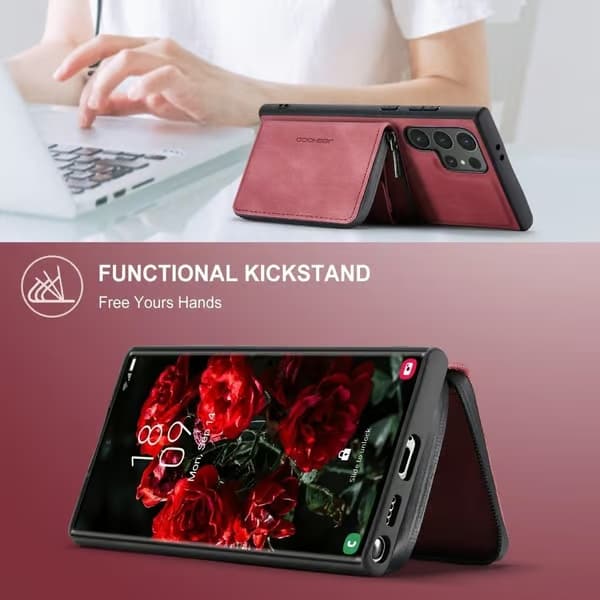 (För Samsung Galaxy S24) Mobilskal med stativ och kortplats, stötsäker slimmad design kaffefärgad kaffefärgad