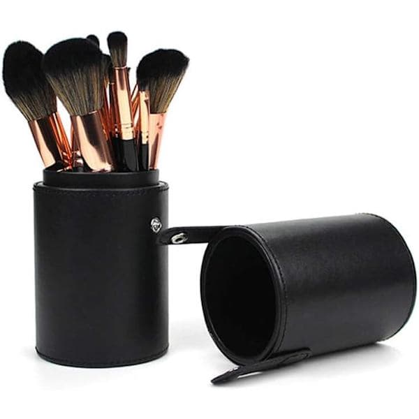 Læder makeupbørsteholder, bærbar, sort