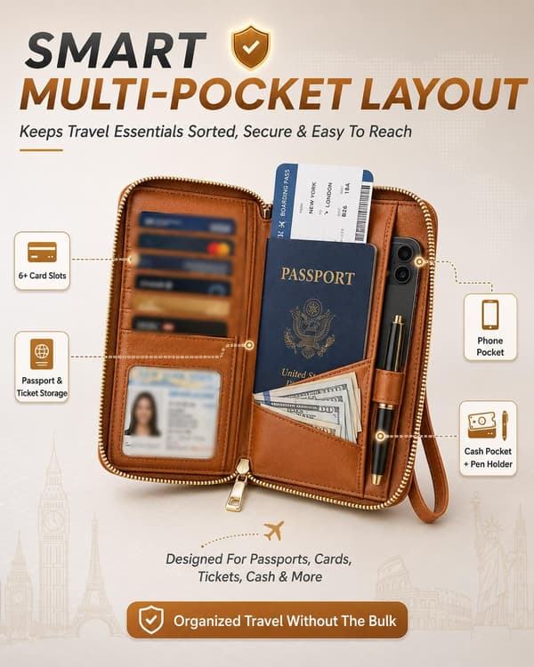 Multifunktionel RFID Pas Pung med Telefonlomme til Rejser, Sikker ID-Kort Organizer med Tyverisikringsholder, Kort Organizer til Pink