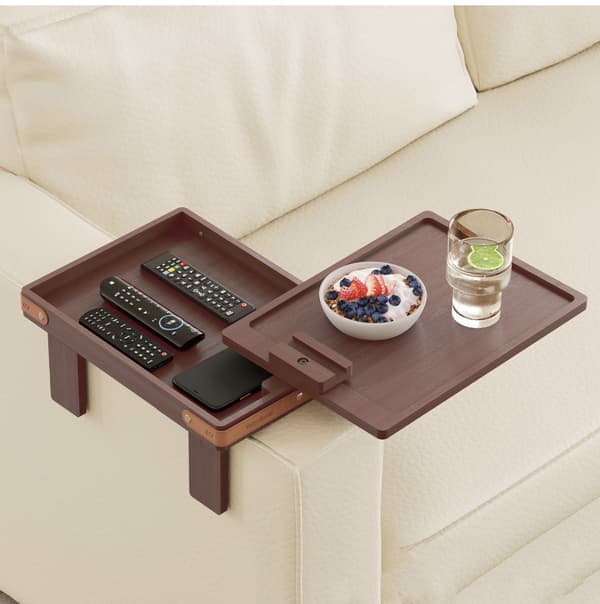 Svingbar armbrett for sofa - 2-lags klembart sofebrett med oppbevaring - Tre sidebord for stue Naturlig mørkebrun Mørkebrun