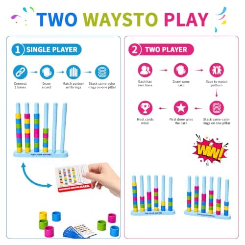 2-pack färgstaplingsutmaningsspel – 50 kort och 80 ringar