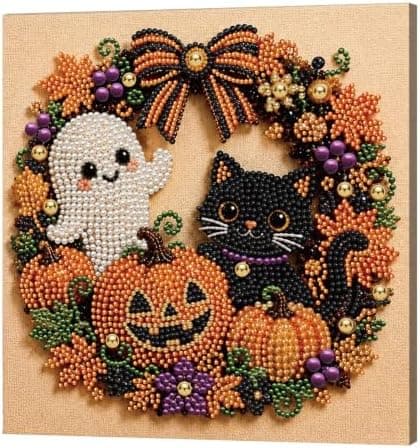 DIY Perlemalerisæt med ramme 12 tommer spøgelse og sort kat krans Ghost and Black Cat Wreath