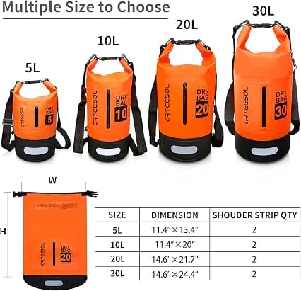 Vanntett tørrpose 5L 10L 20L 31L Vanntett pose med lang justerbar stropp ORANGE 20L