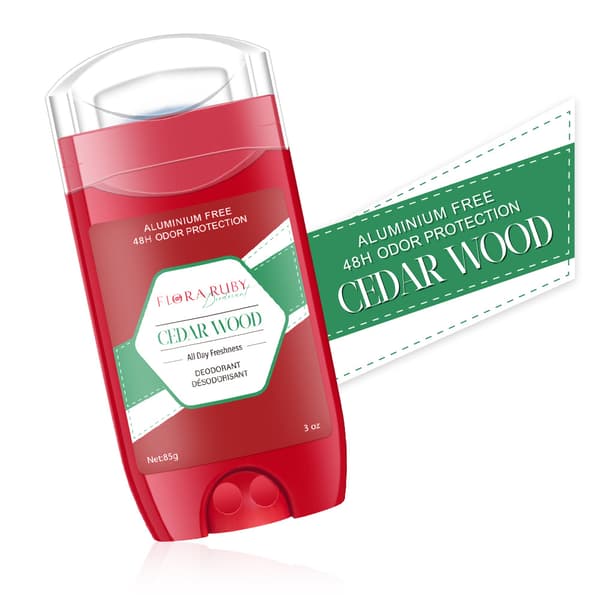 Flora Ruby Cederträ Deodorantstick, aluminiumsfri, 48H luktskydd, Fräschhet hela dagen, 3 oz / 85g cedar