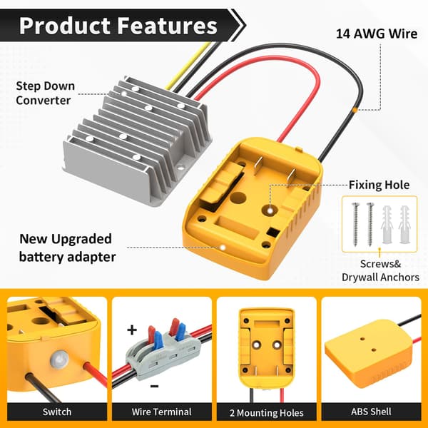 Kzreect 20V til 12V Step-Down Konverter Kompatibel med Dewalt 20V Batteri Upgraded 1 Pack