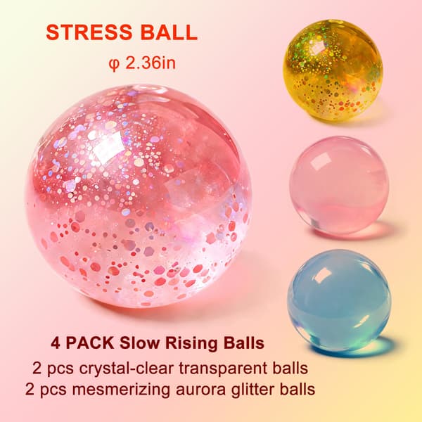 Kokosolja Squishy, 4-pack Stressbollar, Tysta Fidgetleksaker 4 Balls-2 Clear+2 Aurora