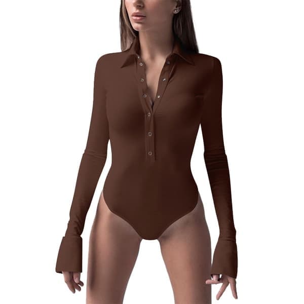 Dam långärmad bodysuit med nedvikt krage, brun, storlek M brown M