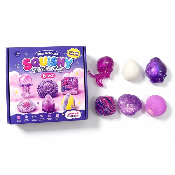 6-pack lila långsamt stigande squishy-leksaker, manet, snäcka, boll och geometrisk stresslindrande sensorisk presentuppsättning