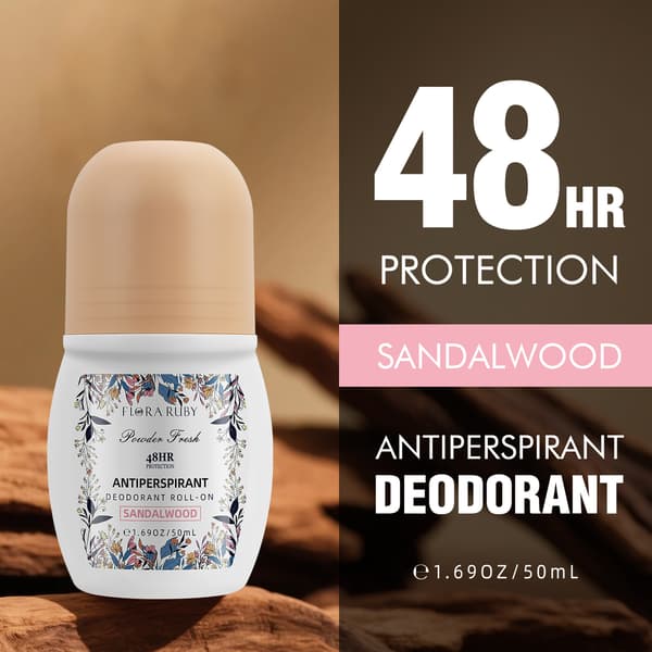 Flora Ruby Antiperspirant Roll-On, 48H svett- och luktskydd, aluminiumformel, långvarig fräschör, 1,59 oz / 50 ml sandalwood