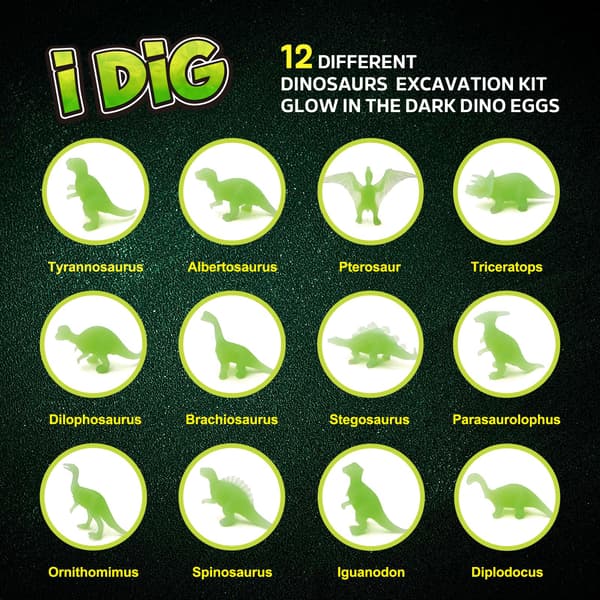 Glow Dino Eggs Dig Kit, 12 utgravings-egg, STEM-leketøy 6+ Green Glowing Dinosaur