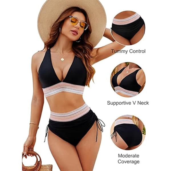 Sommerudsalg Dame Højtaljet Bikini med Mavekontrol Sort sort S black S