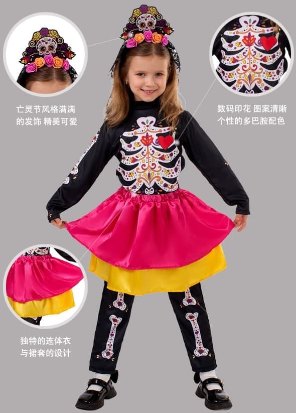 Flickor Skelett Blommig Halloween Kostym Overall, Storlek S S