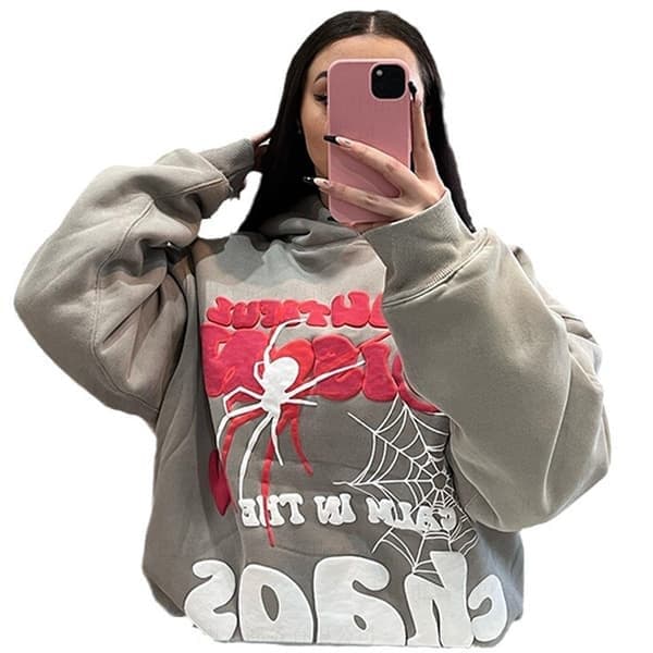 Y2k Hættetrøje til mænd med edderkoppemønster, vintage, grå, størrelse S grey S