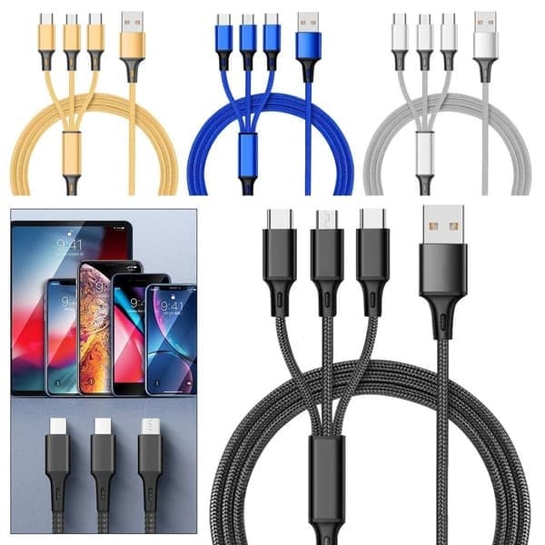 3-i-1 rask USB-ladekabel mobilader, sølv Silver