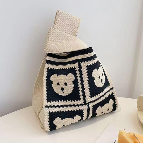 Randig stickad handledsväska mini dam vardagsresor blixtlåsficka handväska Off-white