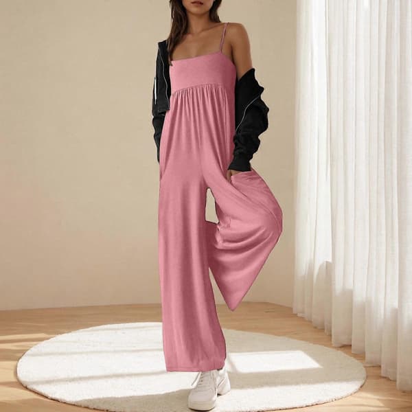 Dame Jumpsuit med tynde stropper og brede ben, sort L Black L