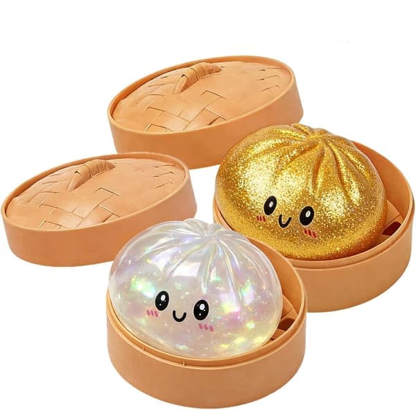 Jättedumpling Squishy, 2026 Mjuk Dumpling Stressboll med Ångkokarlåda, Påskpresent Kläm Stresslindrande Sensorisk Figurdekoration för White+Gold