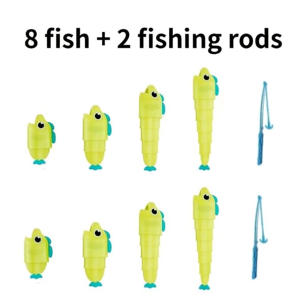 8 gröna fiskar och 2 infällbara fiskespön, set i plast, bordsfiskespel för interaktivt tävlingsspel