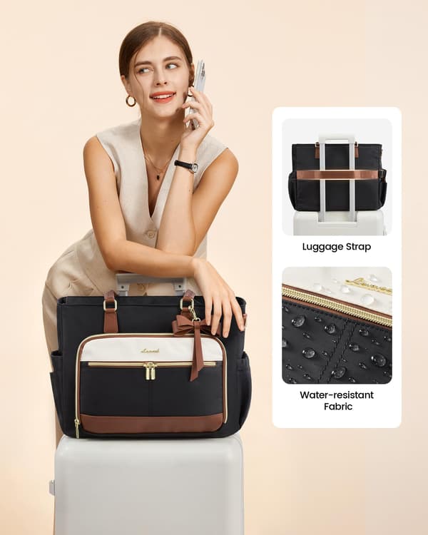 LOVEVOOK Lærertaske til kvinder, arbejdstaske til bærbar computer, computertaske Black-beige-brown 15.6 in