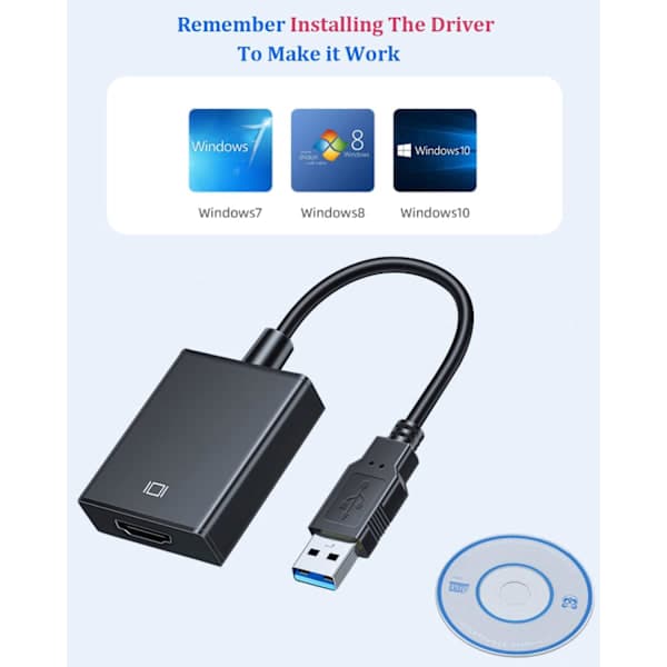 USB til HDMI-adapter, USB til HDMI-adapter, USB 3.0/2.0 til HDMI lyd- og videoadapter, 1080P HD video grafikkabelkonverter for PC, bærbar PC, HDTV