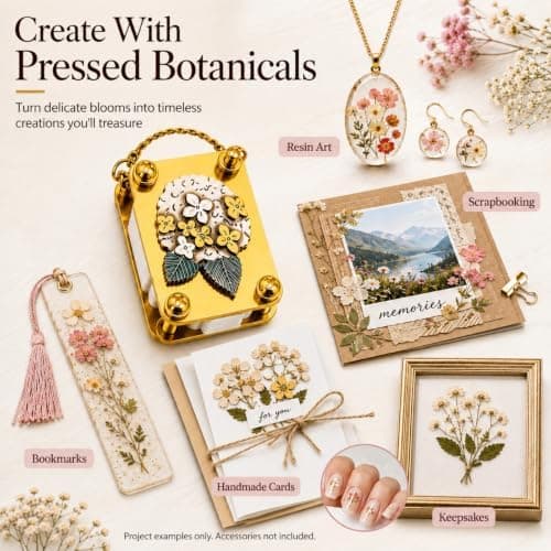 Mini blompress nyckelring - Handgjord mikro presskit i guldmetall med 20 ark Hydrangea