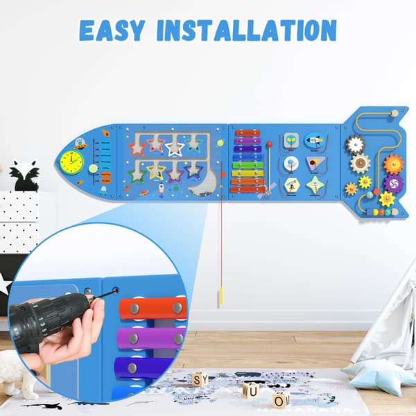 Spacocld Montessori Busy Board - Blå Raket Aktivitetsväggpaneler, Väggleksaker för Småbarn 3+, Sensoriska Paneler för Barn, Aktivitetskuber i Trä, 4 Pieces Blue Rocket