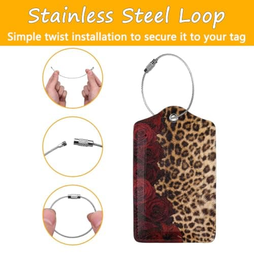 2-pak PU-læder bagagemærker til kufferter - Rosabrun Leopard Rose Brown Leopard
