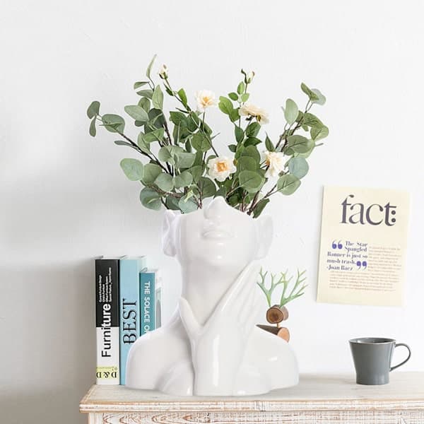 Hvid Keramisk Vase Ansigtsform Halv Krop Buste Moderne Dekorativ Nordisk Model Blomstervase