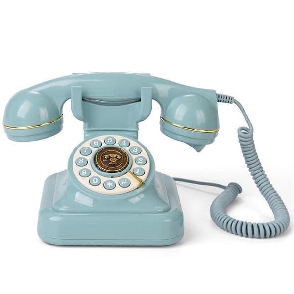 Retrotelefon med ledning og drejeskive, fastnettelefon til hjemmet, blå