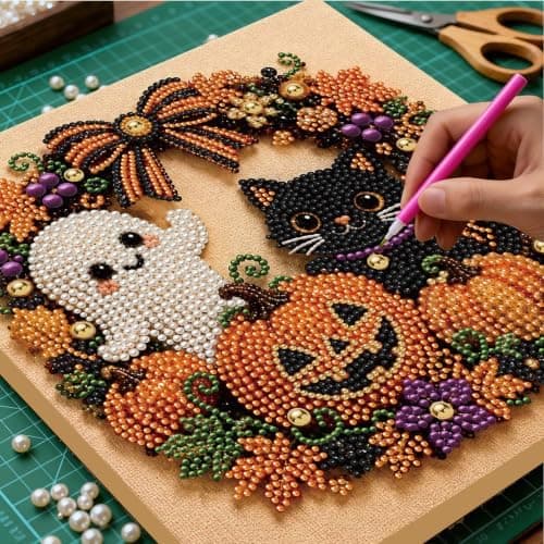 DIY Perlemalerisæt med ramme 12 tommer spøgelse og sort kat krans Ghost and Black Cat Wreath