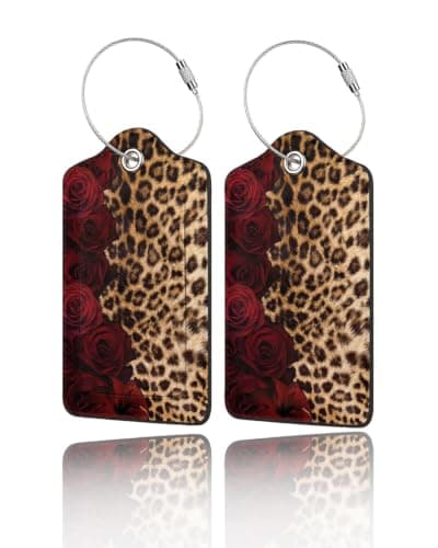 2-pak PU-læder bagagemærker til kufferter - Rosabrun Leopard Rose Brown Leopard