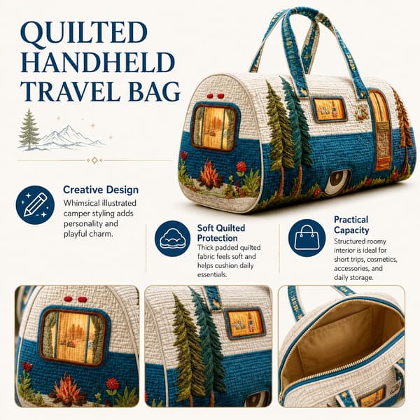 Sød hvalp quiltet duffel håndtaske, blomstret patchwork rejsetaske til camping, picnic, korte ture daglig opbevaring Camper Pine Tree 2