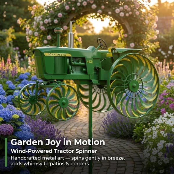 3D Havevindmølle i Metal Traktor Vindmøllepæl med Roterende Hjul Rustik Bondegårdsindretning til Gårdhave, Terrasse, Baghave, Plæne, Blomsterbed Grøn Red