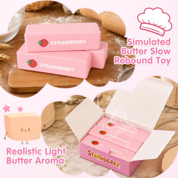 3-pack smör-squishy långsamt stigande klämleksaker, sensoriska fidget-leksaker Butter Stick Pink-3p