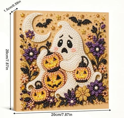 DIY Perlemalingssett med ramme 8 tommer Spøkelse med gresskar Ghost with Jack-o-Lanterns