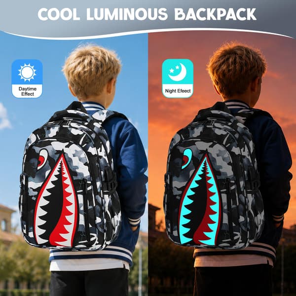 Rygsæk til drenge, 3 STK Cool Lysende Haj Drenge Rygsæk med Madkasse Black White Backpack
