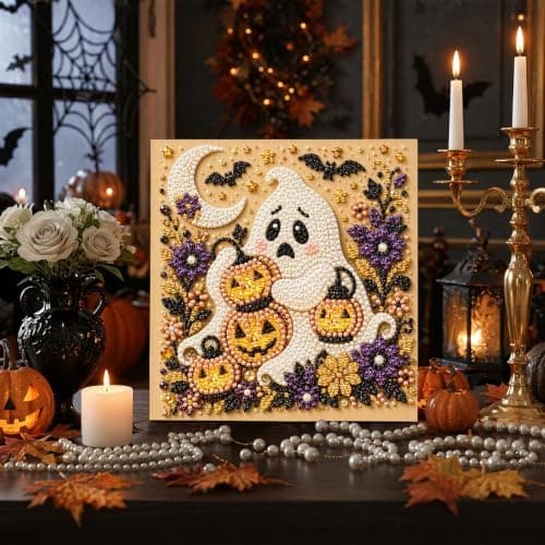 DIY Perlemalingssett med ramme 8 tommer Spøkelse med gresskar Ghost with Jack-o-Lanterns
