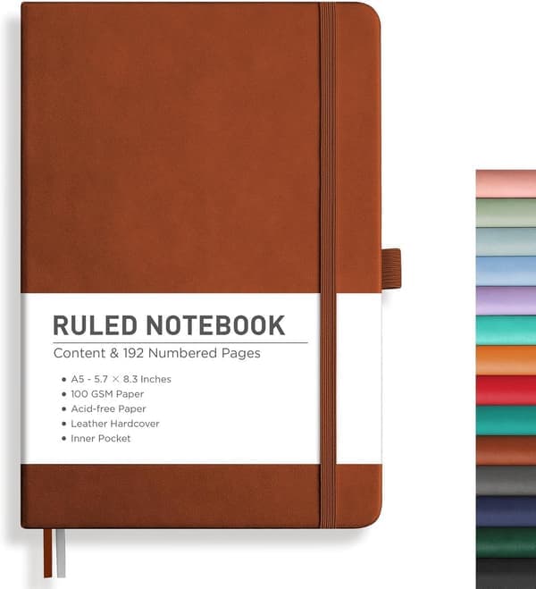 Syjournal Notesbog, 192 nummererede sider, 100 GSM syrefrit papir, læderindbundet, brun