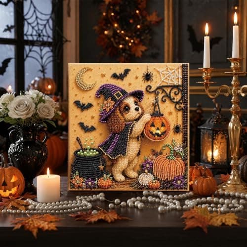DIY Perlemalingssett med ramme 12 tommer Spaniel Heks Gresskar Lykt Spaniel Witch with Pumpkin Lantern