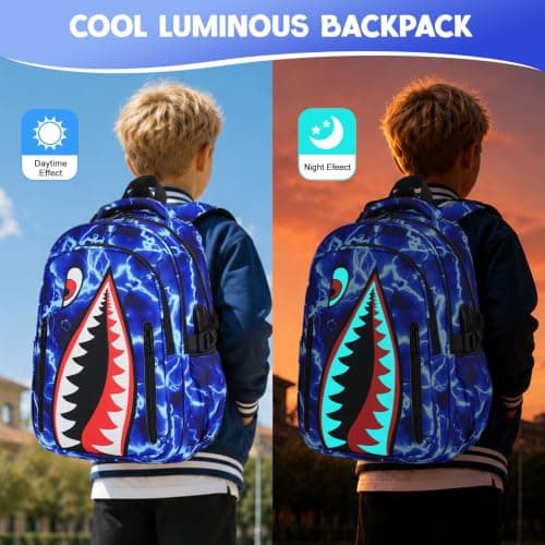 Rygsæk til drenge, 3 STK Cool Lysende Haj Drenge Rygsæk med Madkasse Blue Lightning Backpack