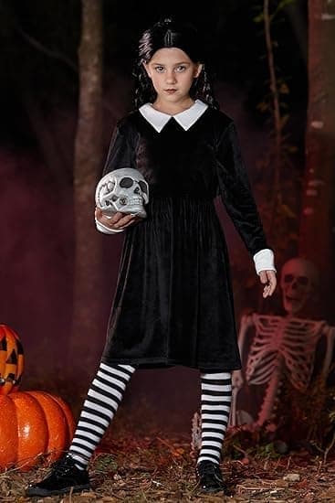 Flickor Halloweenklänning med Peter Pan-krage i svart sammet, storlek 110 110